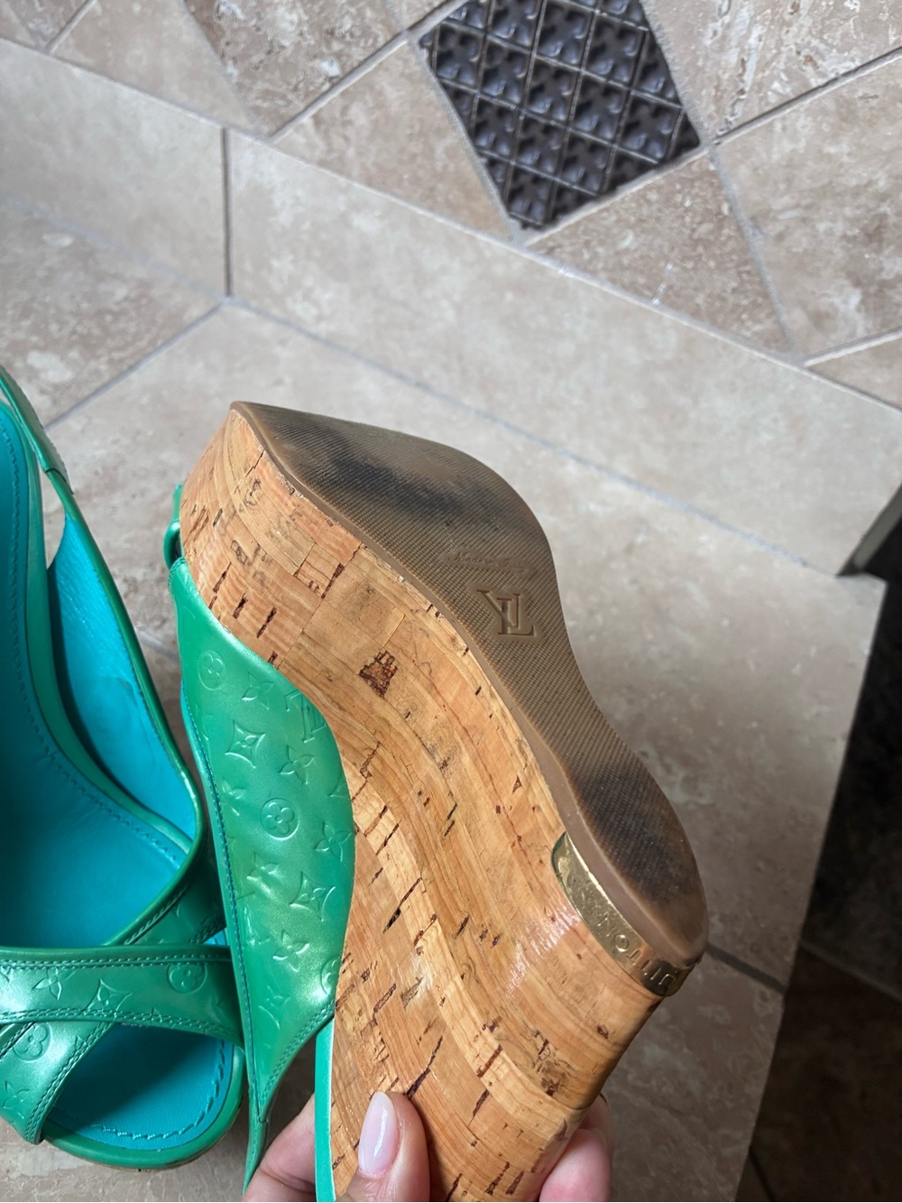 Louis Vuitton Turquoise Green Cork Wedge Sandals - Picture 5 of 5